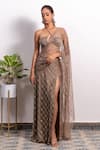 Buy_Silky Bindra_Brown Lycra And Soft Net Embroidery Pearl Halter Pre-draped Saree With Blouse _at_Aza_Fashions