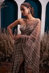 Shop_Silky Bindra_Brown Lycra And Soft Net Embroidery Pearl Halter Pre-draped Saree With Blouse _Online_at_Aza_Fashions