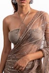 Silky Bindra_Brown Lycra And Soft Net Embroidery Pearl Halter Pre-draped Saree With Blouse _at_Aza_Fashions