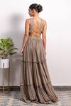 Shop_Silky Bindra_Brown Georgette Embroidery Pearl Blunt V Neck Tiered Lehenga Set _at_Aza_Fashions