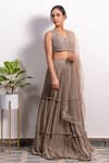 Silky Bindra_Brown Georgette Embroidery Pearl Blunt V Neck Tiered Lehenga Set _Online_at_Aza_Fashions