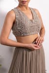 Shop_Silky Bindra_Brown Georgette Embroidery Pearl Blunt V Neck Tiered Lehenga Set _Online_at_Aza_Fashions