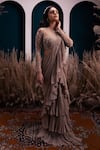 Buy_Silky Bindra_Brown Georgette Embroidery Pearl Round Pre-draped Ruffle Saree With Blouse_Online_at_Aza_Fashions