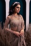 Shop_Silky Bindra_Brown Georgette Embroidery Pearl Round Pre-draped Ruffle Saree With Blouse_Online_at_Aza_Fashions