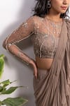 Silky Bindra_Brown Georgette Embroidery Pearl Round Pre-draped Ruffle Saree With Blouse_at_Aza_Fashions