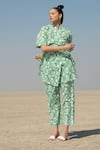 Buy_Marche_Green Cotton Printed Floral V Neck Kimono And Pant Set _at_Aza_Fashions