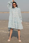 Buy_Marche_Blue Cotton Printed Floral Shirt Collar Dress _at_Aza_Fashions