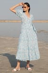 Buy_Marche_Blue Cotton Printed Floral V Neck Warp Dress For Women_at_Aza_Fashions