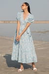 Marche_Blue Cotton Printed Floral V Neck Warp Dress For Women_Online_at_Aza_Fashions