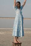 Shop_Marche_Blue Cotton Printed Floral V Neck Warp Dress For Women_Online_at_Aza_Fashions