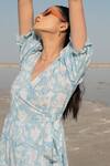 Marche_Blue Cotton Printed Floral V Neck Warp Dress For Women_at_Aza_Fashions