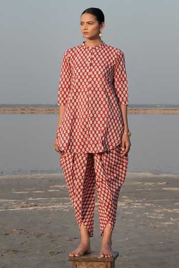 Kantha Work Mandarin Collar Tunic with Dhoti Co-Ords