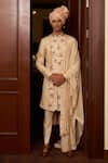 Buy_Contrast By Parth_Beige Jacquard, Pure Silk Resham, Dabka Floral Embroidered Sherwani Set _at_Aza_Fashions