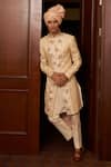 Shop_Contrast By Parth_Beige Jacquard, Pure Silk Resham, Dabka Floral Embroidered Sherwani Set _at_Aza_Fashions
