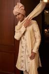 Contrast By Parth_Beige Jacquard, Pure Silk Resham, Dabka Floral Embroidered Sherwani Set _Online_at_Aza_Fashions