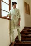 Buy_Contrast By Parth_Green Jacquard Embroidered Floral Celedon Sleeveless Sherwani Set_at_Aza_Fashions