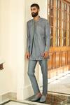 Buy_Contrast By Parth_Grey Matka Silk Lava Smoke Bandhgala Jacket Set_at_Aza_Fashions