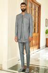 Shop_Contrast By Parth_Grey Matka Silk Lava Smoke Bandhgala Jacket Set_at_Aza_Fashions