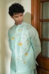 Buy_Contrast By Parth_Blue Pure Silk Floral Meadow Mist Bundi And Kurta Set _Online_at_Aza_Fashions