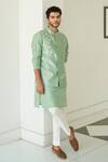 Buy_Contrast By Parth_Green Pure Silk Floral Embroidered Bundi And Kurta Set _at_Aza_Fashions