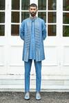 Contrast By Parth_Blue Spun Chanderi Silk Embroidered Linear Jacket And Kurta Set _Online_at_Aza_Fashions