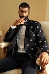 Shop_Contrast By Parth_Black Italian Suiting Embroidered Floral Monogram Tuxedo Pant Set _Online_at_Aza_Fashions