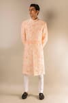 Buy_Aashiana_Peach Raw Silk Embroidered Thread And Bead Work Floral Sherwani Set  _at_Aza_Fashions