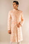 Shop_Aashiana_Peach Raw Silk Embroidered Thread And Bead Work Floral Sherwani Set  _at_Aza_Fashions