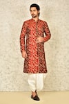 Buy_Arihant Rai Sinha_Red Dupion Art Silk Embroidery Paisley Leaf Sherwani Set _at_Aza_Fashions