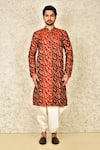 Buy_Arihant Rai Sinha_Red Dupion Art Silk Embroidery Paisley Leaf Sherwani Set _Online_at_Aza_Fashions