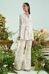 Buy_Mani Bhatia_Ivory Chiffon Print And Embroidery Cutdana V Eliana Peplum Top & Flared Pant Set _at_Aza_Fashions