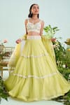 Buy_Mani Bhatia_Yellow Organza Liningsatin Embroidery Sequins V Sophia Tiered Lehenga Set _at_Aza_Fashions