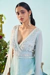 Buy_Mani Bhatia_Blue Georgette Embroidery Cutdanas Plunge V Rose Draped Jumpsuit _Online_at_Aza_Fashions