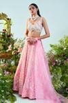 Buy_Mani Bhatia_Pink Organza Embroidery Pearl Sweetheart Neck Aurora Floral Lehenga Set _at_Aza_Fashions