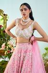 Mani Bhatia_Pink Organza Embroidery Pearl Sweetheart Neck Aurora Floral Lehenga Set _Online_at_Aza_Fashions