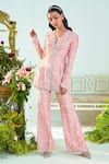 Buy_Mani Bhatia_Pink Pure Silk Embroidery Cutdana V Neck Mia Jacket And Pant Set _at_Aza_Fashions