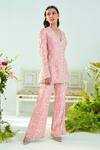 Mani Bhatia_Pink Pure Silk Embroidery Cutdana V Neck Mia Jacket And Pant Set _Online_at_Aza_Fashions