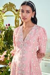 Buy_Mani Bhatia_Pink Pure Silk Embroidery Cutdana V Neck Mia Jacket And Pant Set _Online_at_Aza_Fashions