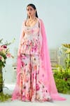 Mani Bhatia_Pink Georgette Printed Floral Deep Round Neck Grace Kurta Gharara Set _Online_at_Aza_Fashions