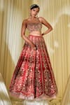 Shop_Disha Muchhala_Red Silk Embroidered Floral Scoop Neck Bridal Lehenga Set _at_Aza_Fashions