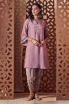 Buy_Charkhee_Grey Crepe Printed Stud V Neck Geometric Kurta Salwar Set _Online_at_Aza_Fashions