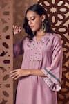 Shop_Charkhee_Grey Crepe Printed Stud V Neck Geometric Kurta Salwar Set _Online_at_Aza_Fashions