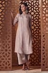 Charkhee_Beige Kurta And Palazzo Crepe Printed Stud Mandarin Collar Geometric Set _Online_at_Aza_Fashions