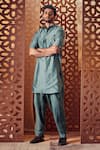 Shop_Charkhee_Green Jacket And Kurta Chanderi Embroidered Stud Nehru & Pathani Set _at_Aza_Fashions