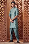 Buy_Charkhee_Green Jacket And Kurta Chanderi Embroidered Stud Nehru & Pathani Set _at_Aza_Fashions