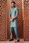 Charkhee_Green Jacket And Kurta Chanderi Embroidered Stud Nehru & Pathani Set _Online_at_Aza_Fashions