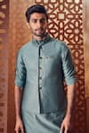 Buy_Charkhee_Green Jacket And Kurta Chanderi Embroidered Stud Nehru & Pathani Set _Online_at_Aza_Fashions