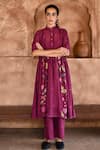 Buy_Taro_Wine Chanderi Silk, Slip Cotton Floral Print Mahagony Anarkali And Pant Set _at_Aza_Fashions