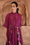 Shop_Taro_Wine Chanderi Silk, Slip Cotton Floral Print Mahagony Anarkali And Pant Set _Online_at_Aza_Fashions