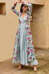 Buy_Taro_Blue Jacket Chanderi , Kurta Bamberg Floral Cloudy Bloom And Set _at_Aza_Fashions